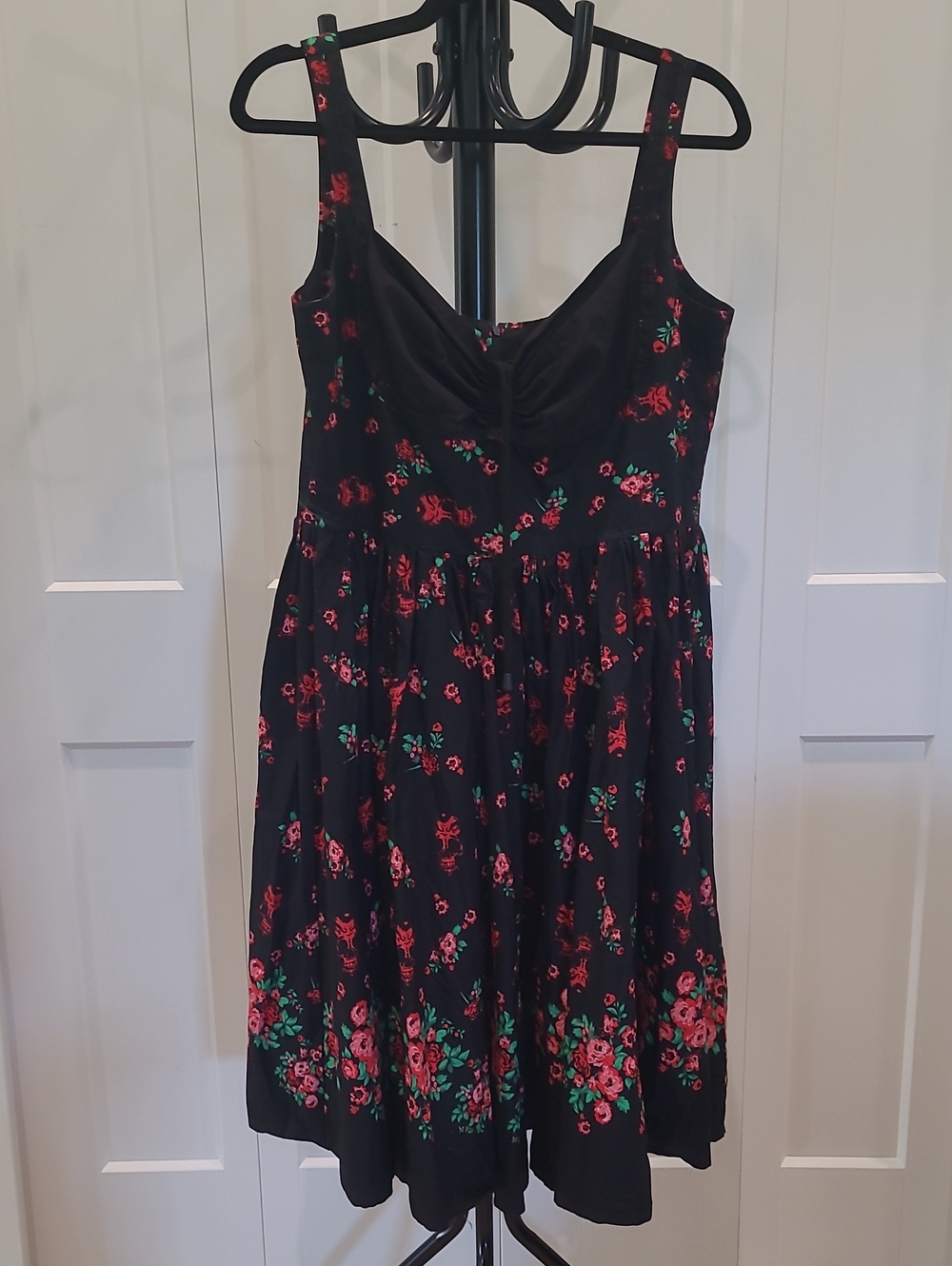 Hell Bunny Vixen Black Midi Dress with Red Floral Print